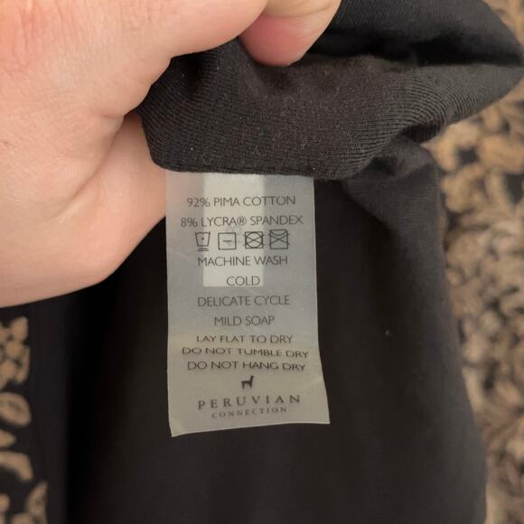 PERUVIAN CONNECTION Damask Print Long Sleeve Scoop Neck Dress Tan Black {F6} - Picture 5 of 5